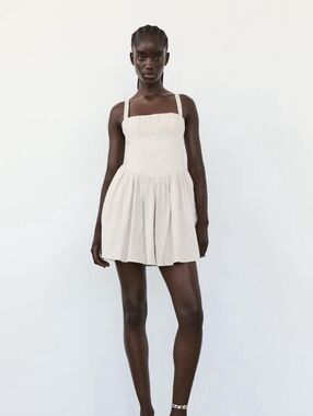 Zara White Cotton Voluminous Milkmaid Summer Pleated Sleeveless Mini Dress